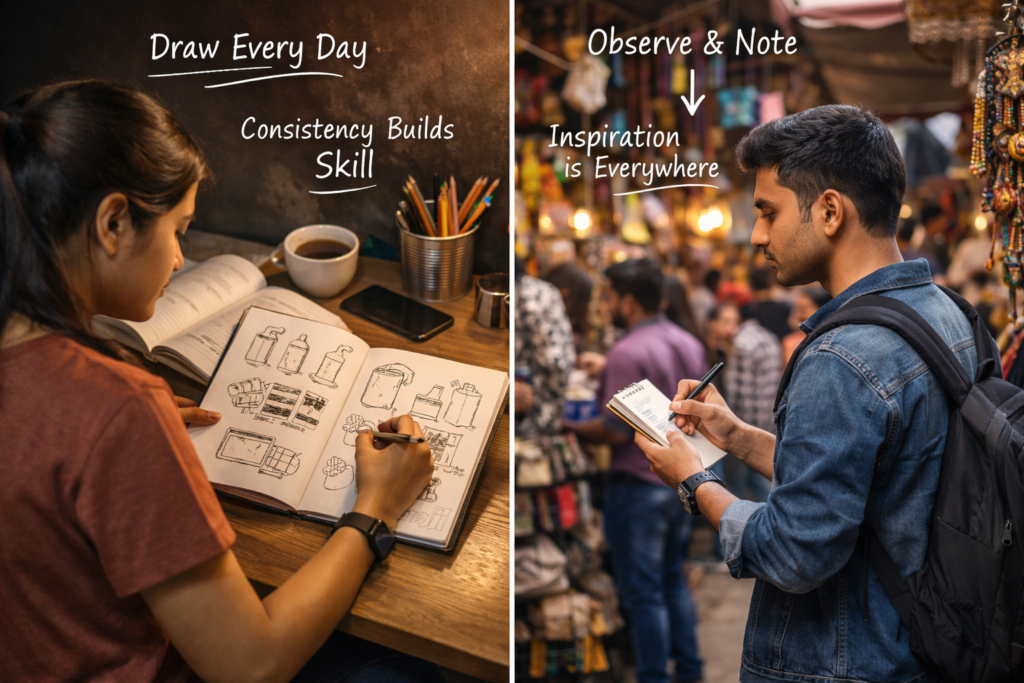 Indian design student sketching and observing daily life for entrance exam preparation