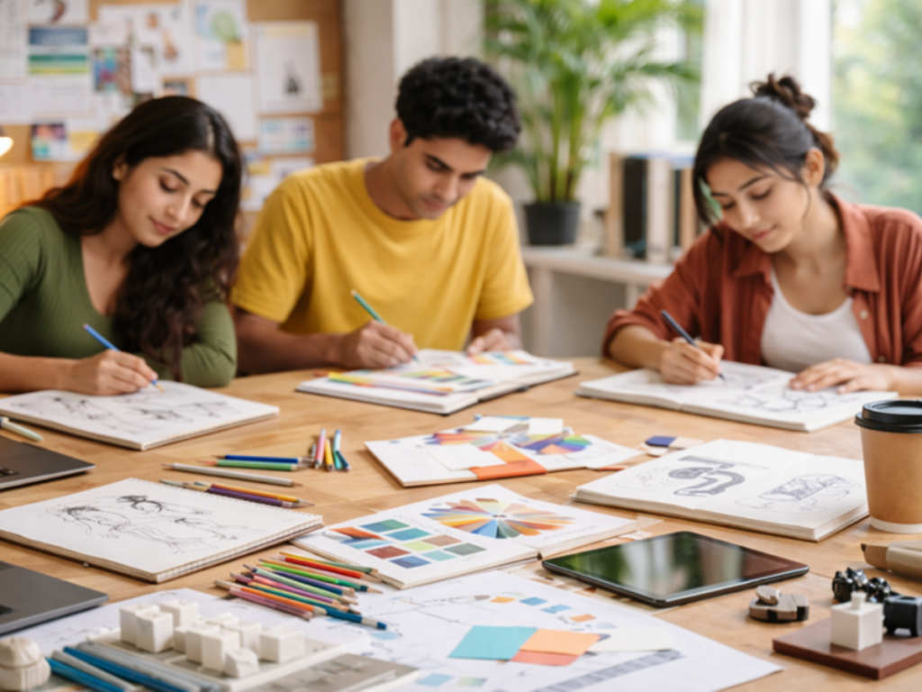 Design entrance exam aspirant practicing sketches and ideas during late night preparation