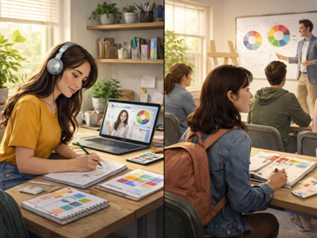 Hybrid learning setup with online lectures and drawing practice